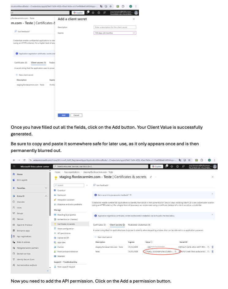 Step 3 of the Microsoft 365 setup with Client Secret creation and value